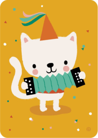 ansichtkaart Poes met accordeon en feestmuts - BORA illustraties