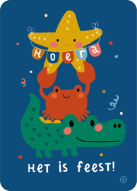 ansichtkaart Hoera Het is feest! krokodil krab zeester - BORA illustraties