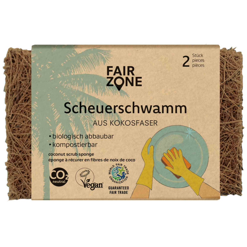 set van 2 schuursponsjes - kokosvezel - Fairzone- vegan en afbreekbaar