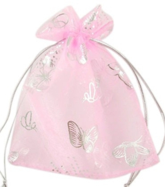10 x Organza zakjes roze met vlinder 9 X 12