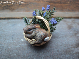 Dollhouse miniature basket with lavender and bunny in one inch scale