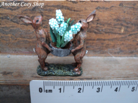 Dollhouse miniature figurine bunnies with  bowl of flowers scale 1:12