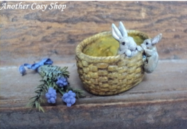 Dollhouse miniature basket with bunnies in one inch scale
