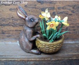 Dollhouse miniature rabbit with basket of daffodils in one inch scale