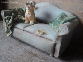 Dollhouse miniature worn out couch with dog in 1"scale