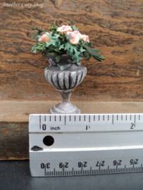 Dollhouse miniature urn planter with pink roses in 1" scale