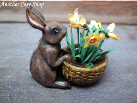 Dollhouse miniature rabbit with basket of daffodils in one inch scale