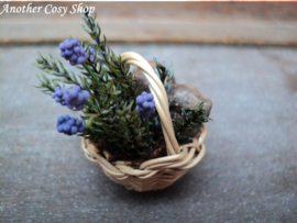 Dollhouse miniature basket with lavender and bunny in one inch scale