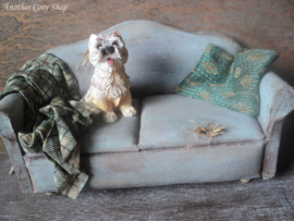 Dollhouse miniature worn out couch with dog in 1"scale