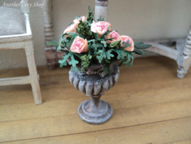 Dollhouse miniature urn planter with pink roses in 1" scale