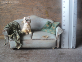 Dollhouse miniature worn out couch with dog in 1"scale