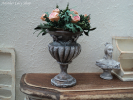 Dollhouse miniature urn planter with pink roses in 1" scale