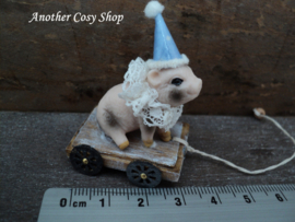 Dollhouse miniature pull cart with sitting piglet 1" scale (1:12)