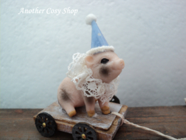Dollhouse miniature pull cart with sitting piglet 1" scale (1:12)