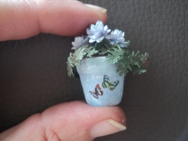 Dollhouse miniature blooming plant in blue pot 1" scale