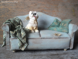 Dollhouse miniature worn out couch with dog in 1"scale