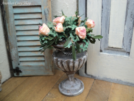 Dollhouse miniature urn planter with pink roses in 1" scale