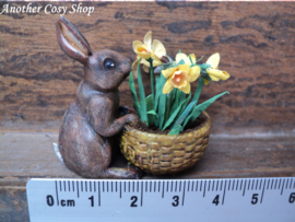 Dollhouse miniature rabbit with basket of daffodils in one inch scale