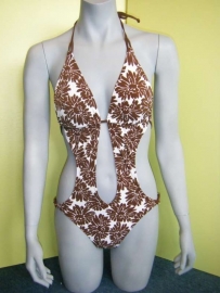 Monokini wit met bruine bloemenprint S