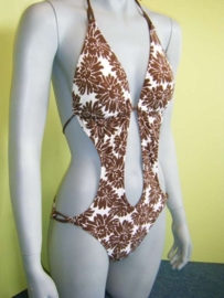 Monokini wit met bruine bloemenprint S