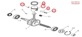 Neco GPX-50 (watergekoeld) -  Zuiger, Pistonpen, Zuigerveren, 2x Pistonveertje (nrs: 7,8,9,10)