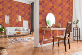 LIVINGWALLS VLIESBEHANG TEGELLOOK ORANJE ROOD 374065