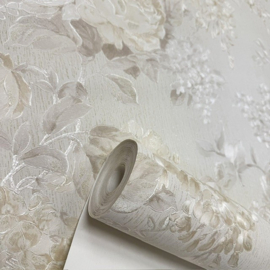 Engels Bloemen Vliesbehang Goud Crème met Glitter – Luxe Romantisch Behang –  34148-4