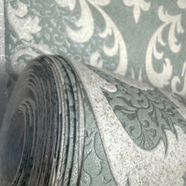 Glitter behang bladeren Ornamenten groen wit metallic kant geborduud PL51005-71