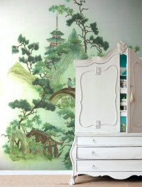 158114 photowallXL chinoiserie groen bomen chinees brug hut behang