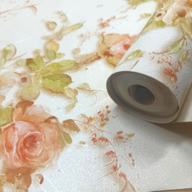 Klassieke bloemen behang roosjes oranje wit groen glim
