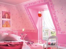 meisjes  behang roze hartjes en love text met glitter 544008