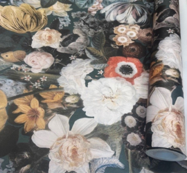 Botanisch Bloemen Behang Okergeel met Donkergroene Achtergrond – Landelijk Vliesbehang – Platinum PL0311013