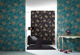 blauw goud bloemen behang 17