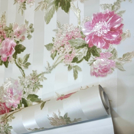 bloemen behang glitter strepen rozen