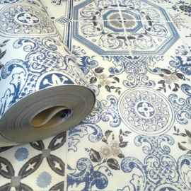 Delfs blauw tegel behang met zachte zandkleuren Hollandse stijl