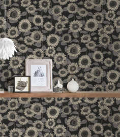 bloemen vlies behang zwart beige 37685-4