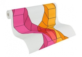 Patroonbehang Lars Contzen Behang Flowing Grids Zuiverwit, Telemagnenta, Orientrood, Narcissengeel, Geeloranje