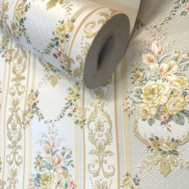 strepen behang Engelse bloementjes mooie boeketten satijn look