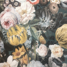 Botanisch Bloemen Behang Okergeel met Donkergroene Achtergrond – Landelijk Vliesbehang – Platinum PL0311013