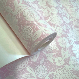 Kant vlies behang geborduurde look roze wit bloemen
