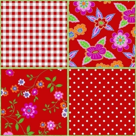 Noordwand Bluuming Affairs 44601 rood wit groen blauw roze bloemen ruiten stippen behang