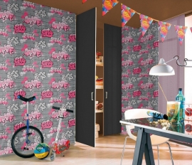 meisjes roze grijs graffity behang 21