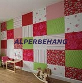 patchwork behang wit rood groen roze 155702