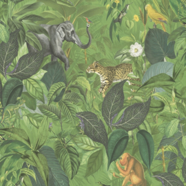 Jungle Dierenbehang met Apen, Olifanten en Tropische Sferen 38724-1