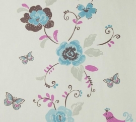 bloemen behang wit met blauw vogels met vlinders 1183-5