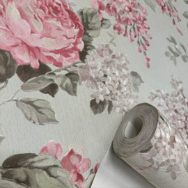 Rozen Behang met Glitter Roze Groen Lila – Romantische Bloemen Boeketten – Afneembaar – 34148-3
