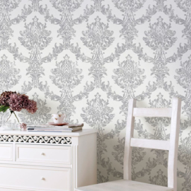 Barok behang vintage Opaal damast wit en zilver