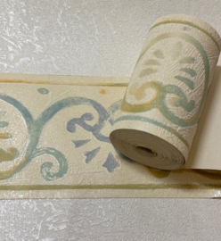 Landelijke groen crème behangrand met ornamenten 9 cm – 5 meter lang
