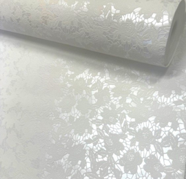 Witte Kant Pracht: Behang Geborduurd Design en Glanzende Textuur 45572