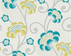 Behang blauw geel bloemen glitter 30054-5 San Francisco-ASCreation
